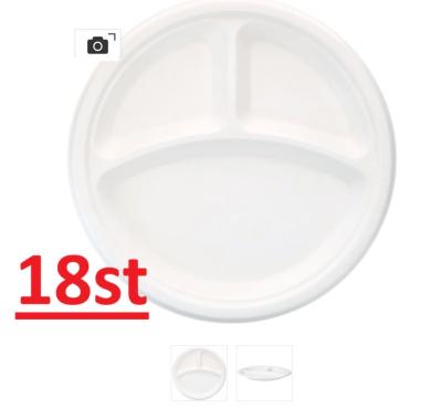 Bagasse Plate White 3-Compartment 26 cm 18st Disposable